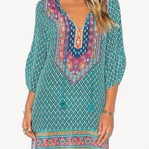 Urban Coco Floral Aztec Diamond Boho Kaftan Mini Beach Festival Dress Small Teal